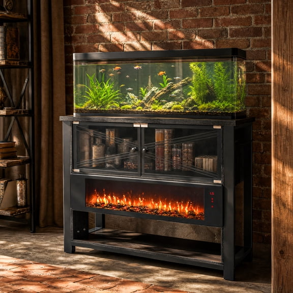 Aquarium Display Cabinet with Electric Fireplace, Large Fish Tank Stand with Glass Doors and Storage Shelves, Modern Curio Cabinet Showcase for Living Room, Decorative Display Case for Home Decor