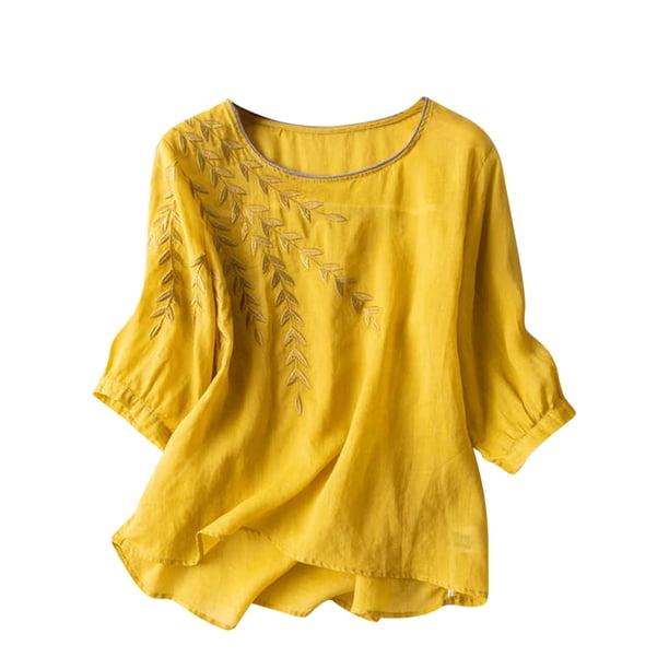 ICHUANYI Liquidación Camisa pequeña de ramio con Manga de Cinco Puntos para Mujer, Top de algodón Vintage literario Suelto, Top/Camisa de Manga Larga con Cuello Redondo ICHUANYI WER202308250281