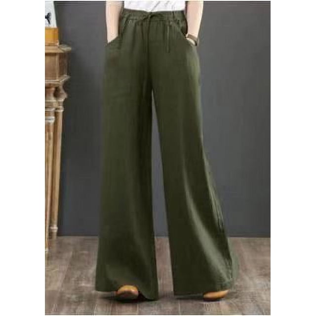 Pantalones de mujer de algodón y lino artísticos de primavera y verano Pantalones holgados de pierna ancha de talla grande Pantalones de cintura alta Pantalones rectos Pantalones de lino