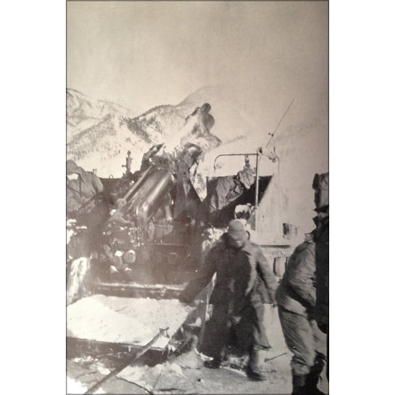 24"x36" Gallery Poster, United States 155mm mobile artillery firing at advancing Chinese Communist forces during the Korean War