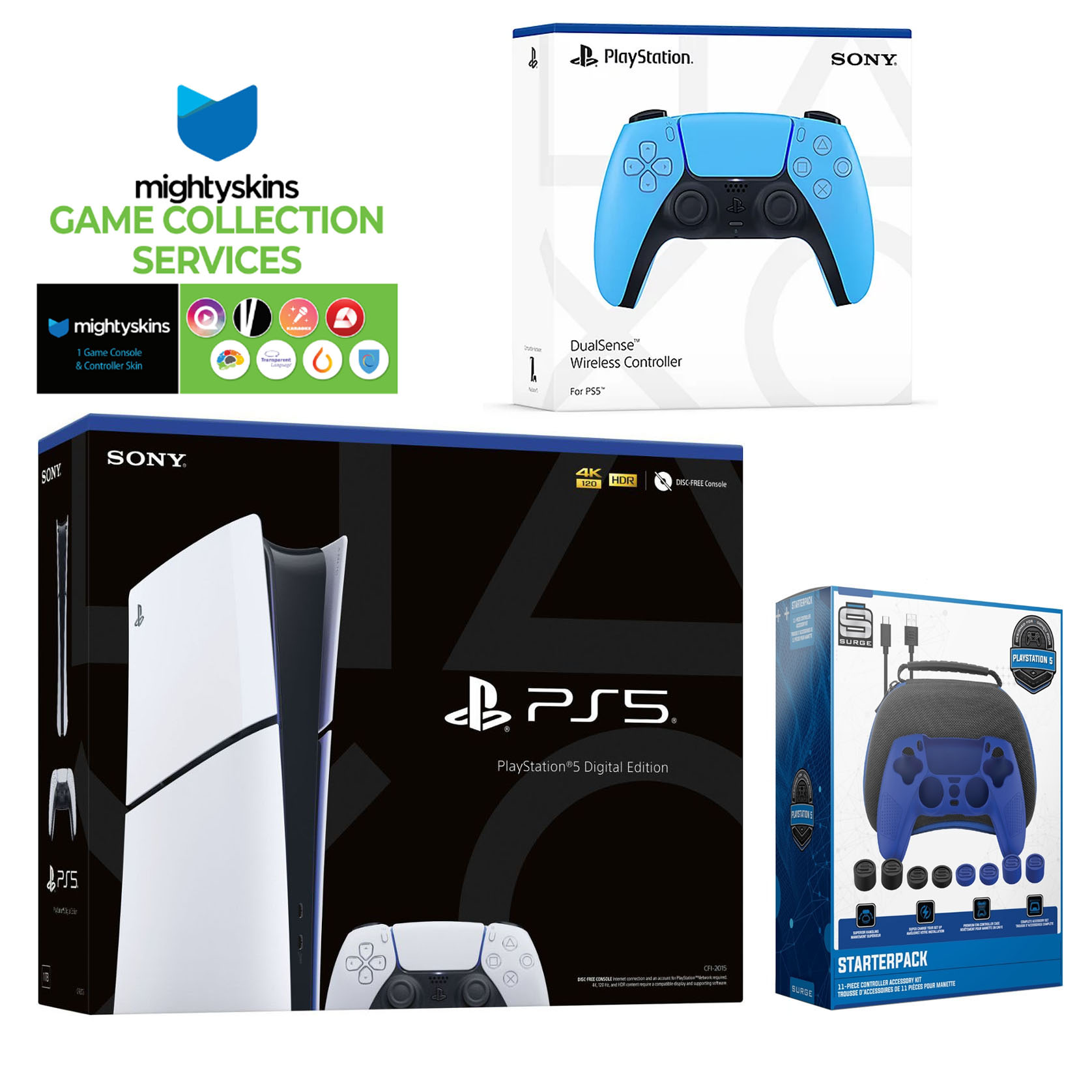 Sony PlayStation 5 Slim Digital with Extra Starlight Blue Controller, Pro Gamer Starter Kit and MightySkins Game Pack Code