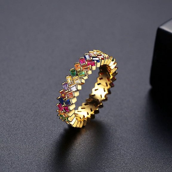Exotic Geometric Zircon Inlaid Copper Ring for Women - Unique Colorful Travel Commemoration Jewelry Gift