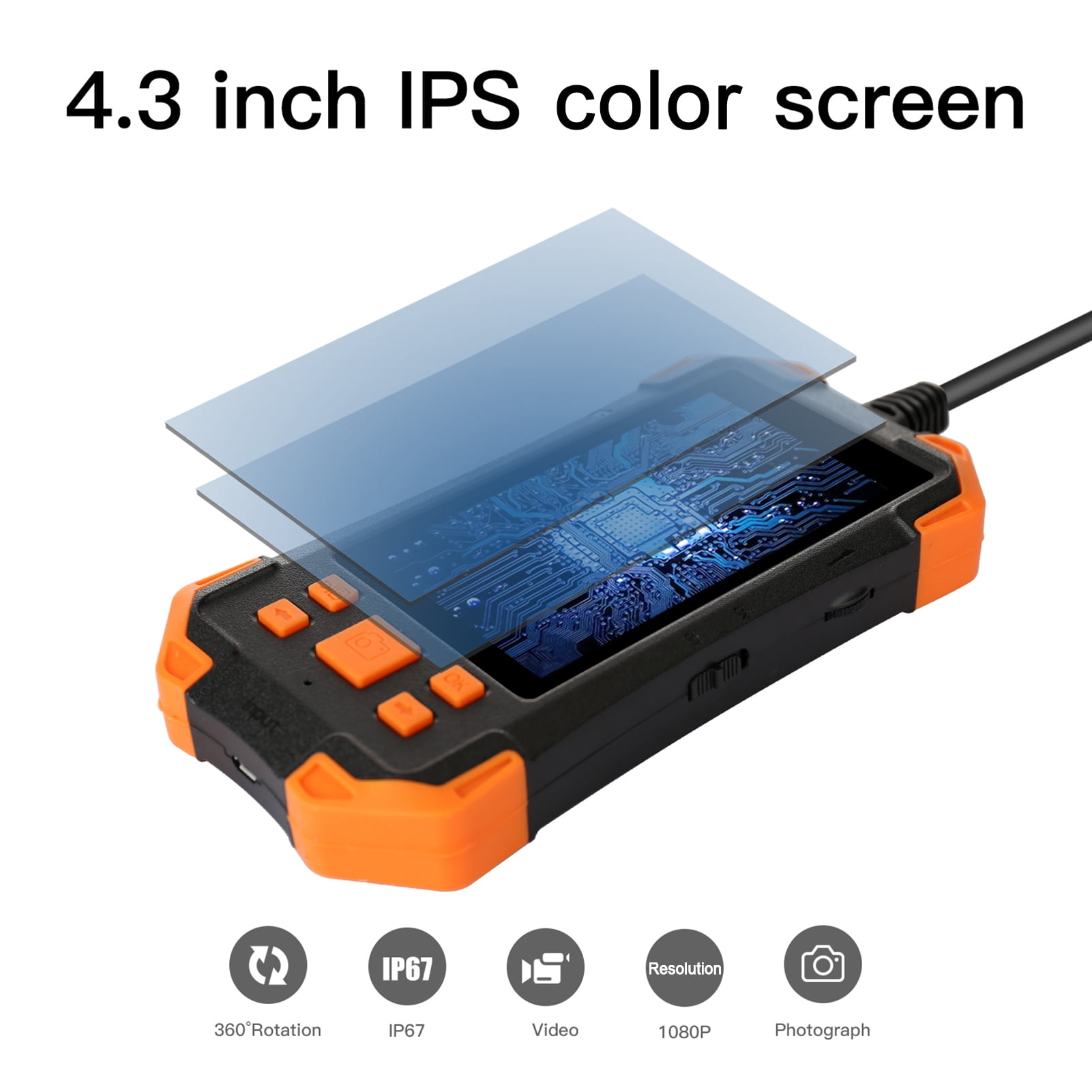 2M Endoscope Industrial 4.3 in IPS Screen Borescope Camera IP67 Waterproof 1080P HD 5.5mm Lens Inspection Camera with 6 LED Lights and Semi-Rigid Cable 