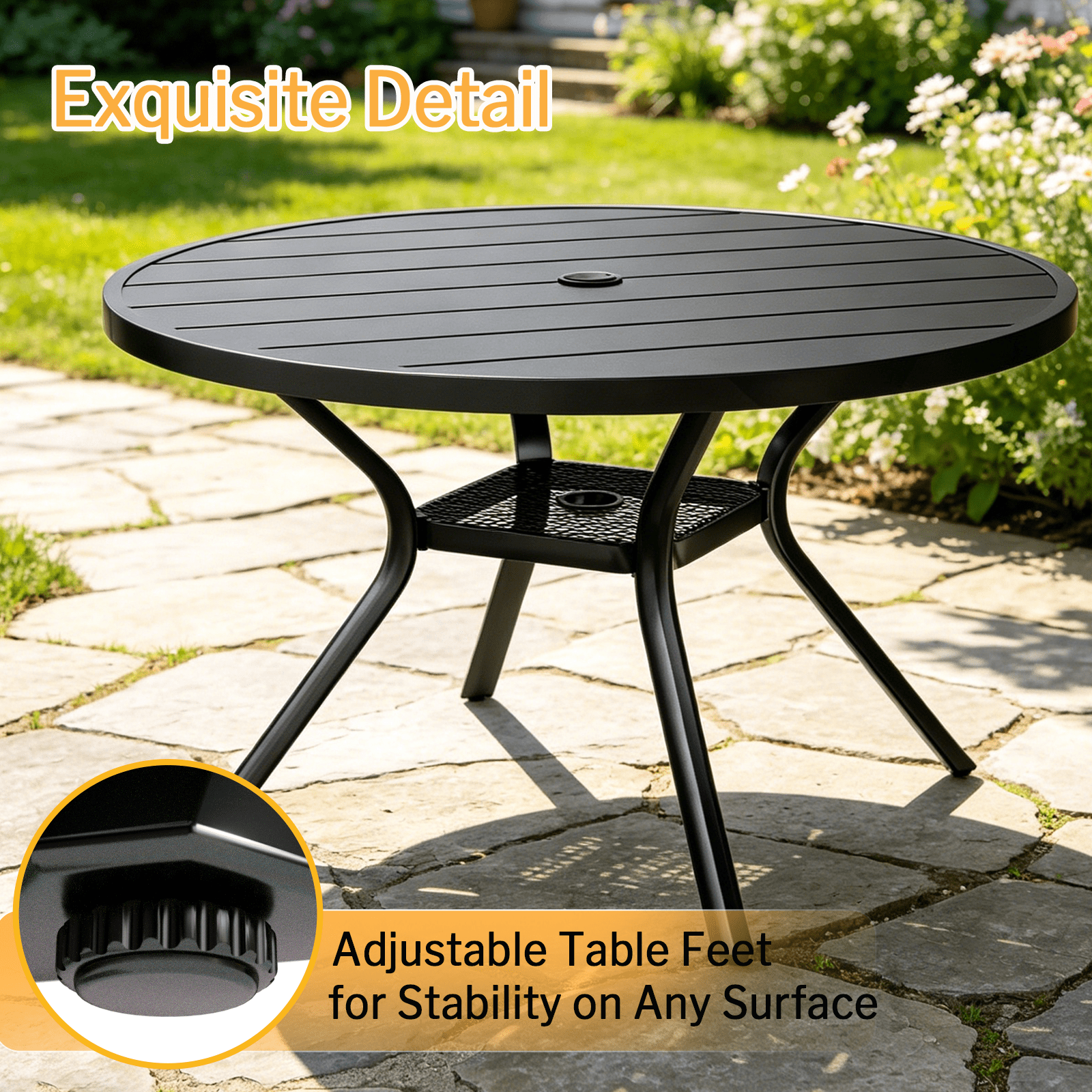 MEOOEM 41-Inch Round Outdoor Patio Dining Table with Umbrella Hole & Mesh Storage Shelf, Sturdy Stable Black Metal 4-Person Outdoor Coffee Table for Garden, Backyard & Deck