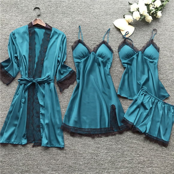 Big Sale!! Satin Pajama Sets for Women 4 Piece Sleepwear Sleepwear Women Lace Robe Dress Set Pajamas Nightdress Silk Blue 3Xl