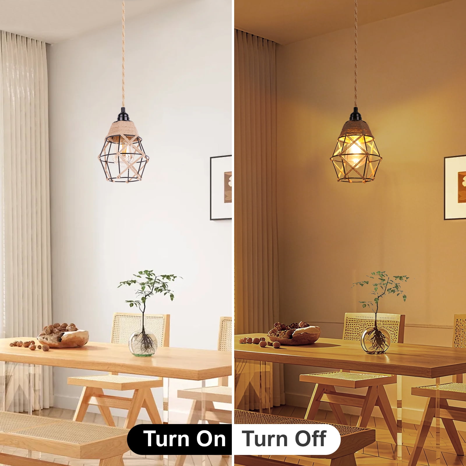 Motent Plug in Pendant Light Fixture, E26 Metal Lampshade with Twist Hemp Hanging Lights for Home Decor Dining Room Kitchen Island Living Room Bedroom