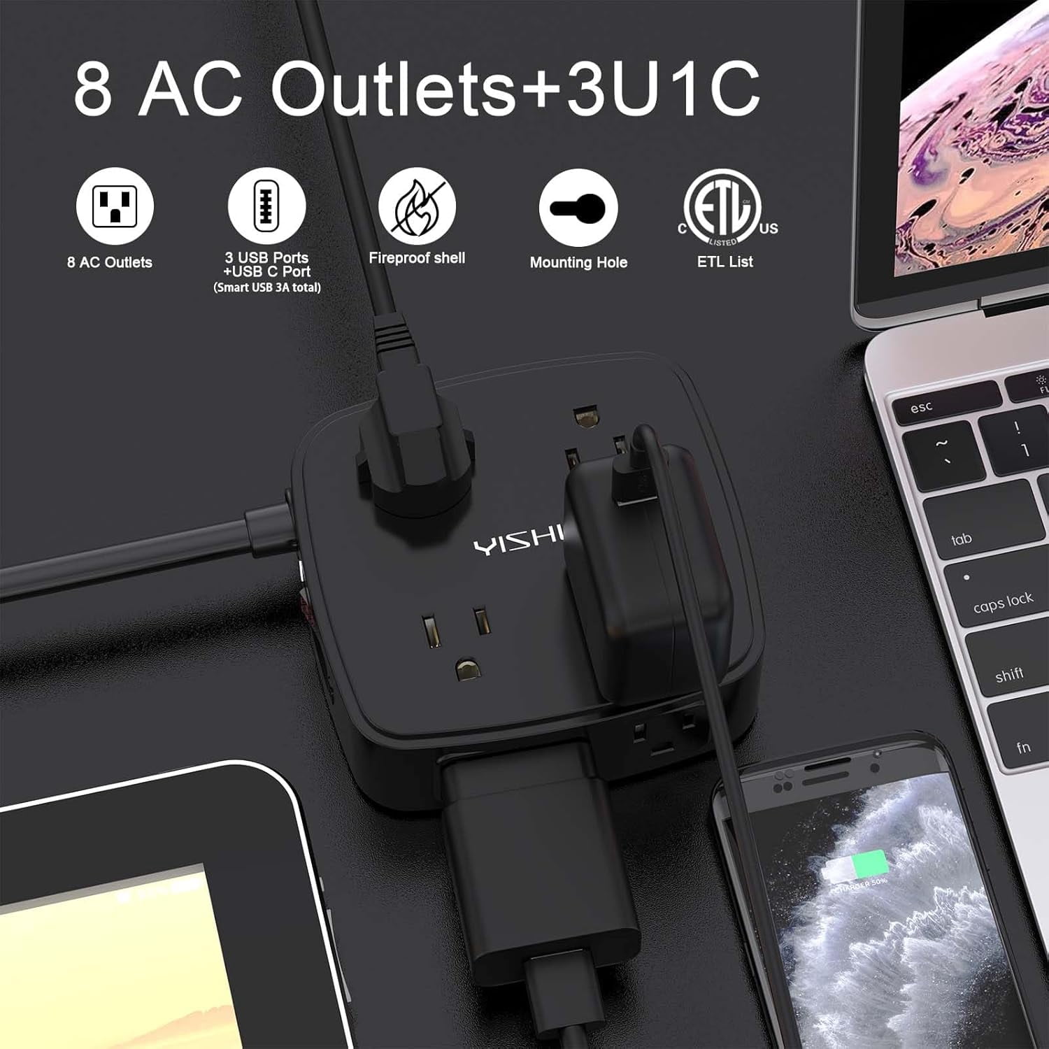 20 Ft Surge Protector Power Strip - 8 Widely Outlets with 4 USB Ports, 3 Side Outlet Extender with 20 Feet Extension Cord, Flat Plug, Wall Mount, Desk USB Charging Station, ETL, Black
