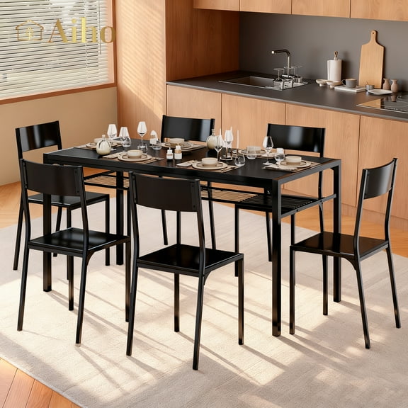 Aiho Dining Table Set for 6, 7-Piece Kitchen Table Set with 6 Chairs & Storage Shelf for Kitchen, Dining Room - Black