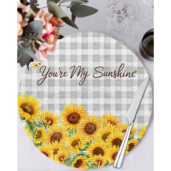 13 Inch Round Placemats Set of 4, Yellow Sunflowers Non Slip Heat Insulation PP Table Mats, Summer Floral Elegant Pastoral Checkered Washable Place Mats for Kitchen Dining Party Table Decor