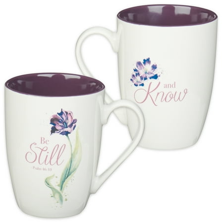 Christian Art Gifts Encouraging Scripture Ceramic Coffee & Tea Mug for Women: Be Still & Know Inspirational Psalm Bible Verse, Microwave & Dishwasher Safe, Novelty Cup, White & Purple Floral, 12 oz.
