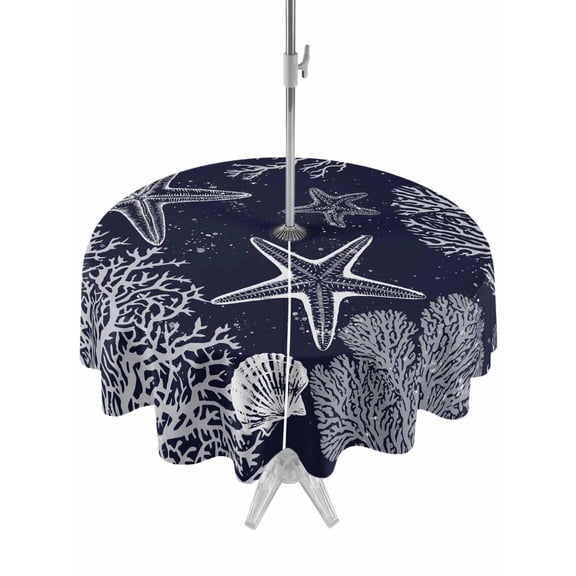 Outdoor Tablecloth with Umbrella Hole and Zipper, Navy Blue Coastal Round Table Cloth 60 Inch Waterproof Tablecloth, Starfish Coral Summer Beach Ocean Picnic Table Cover for Patio Camping