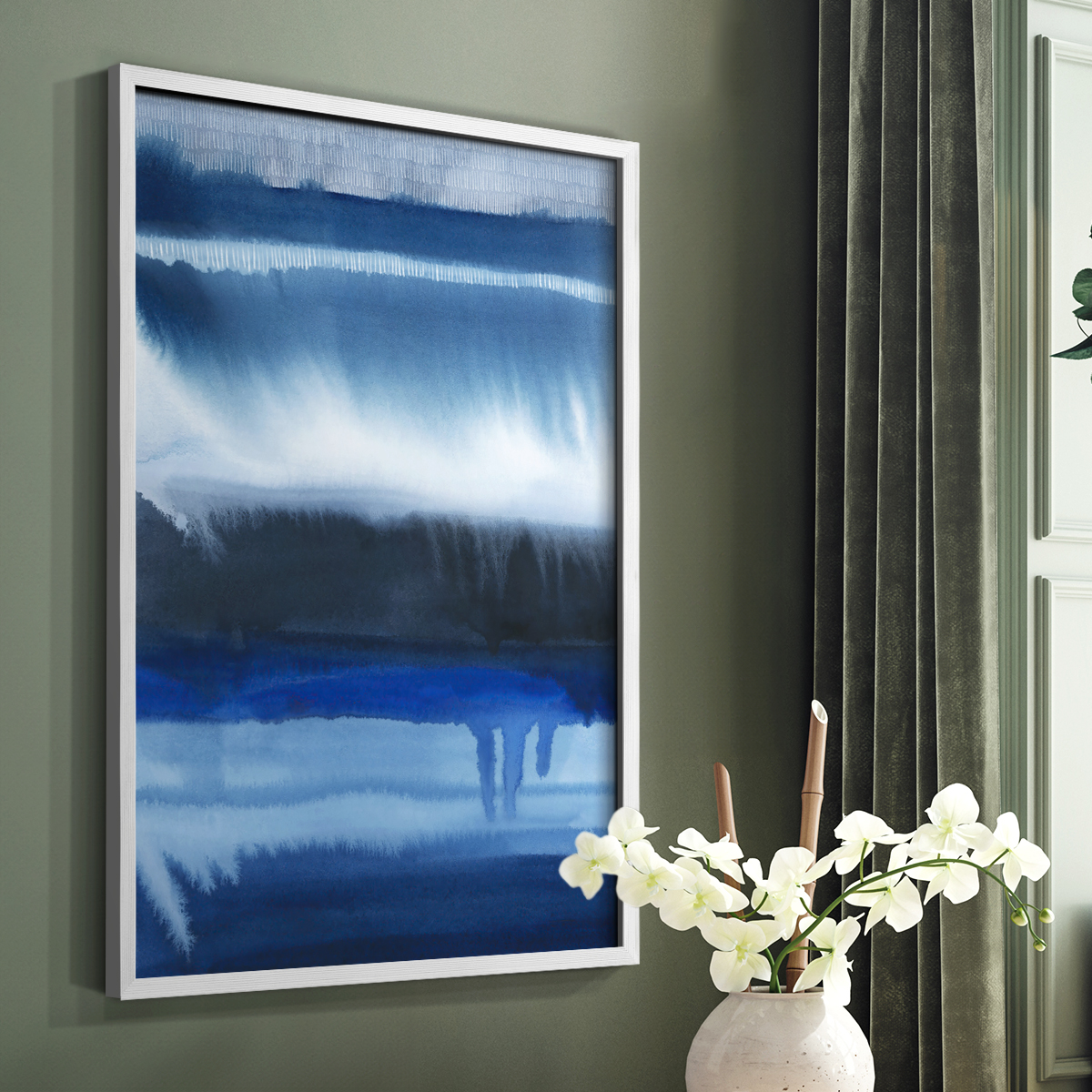 Deep Blue Shore II Framed Print in White Solid Wood Framed Print No Nail Hanging