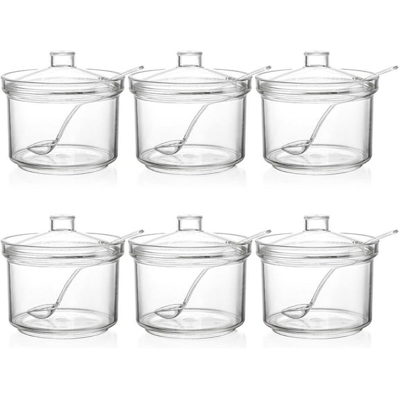 MY Set of 6 Clear Acrylic Sugar Bowl, 14 oz Seasoning Box Condiment Pots with Spoon and Lid, Sugar Spice Salt Canister for Home Kitchen, Coffee Bar, Restaurant