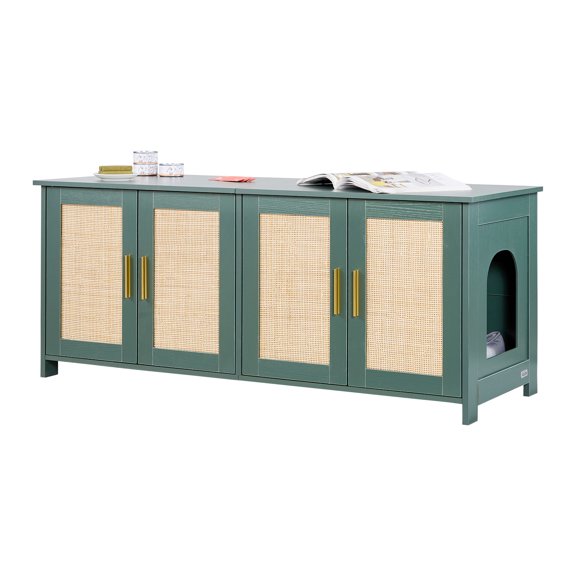 VEVOR Cat Litter Box Enclosure for Multi Cats, 47.2 in Hidden Litter Box Cabinet with 4 Rattan Doors & 2 Entries, Indoor Cat Washroom, Wooden Kitty House Furniture, Fit Most Litterboxes, Green