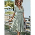 thumbnail image 5 of Women'S Summer Ruffle Puff Sleeve Dress Short Sleeve V Neck High Waist Casual Loose Striped Midi Dresses  Green S, 5 of 7