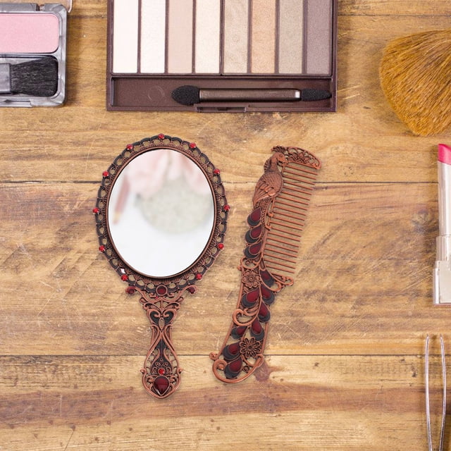 FENGGUIQU 1Jgo Espejo Pequeño Portátil Con Peine Marrón Moderno Para Maquillaje Y Almacenaje