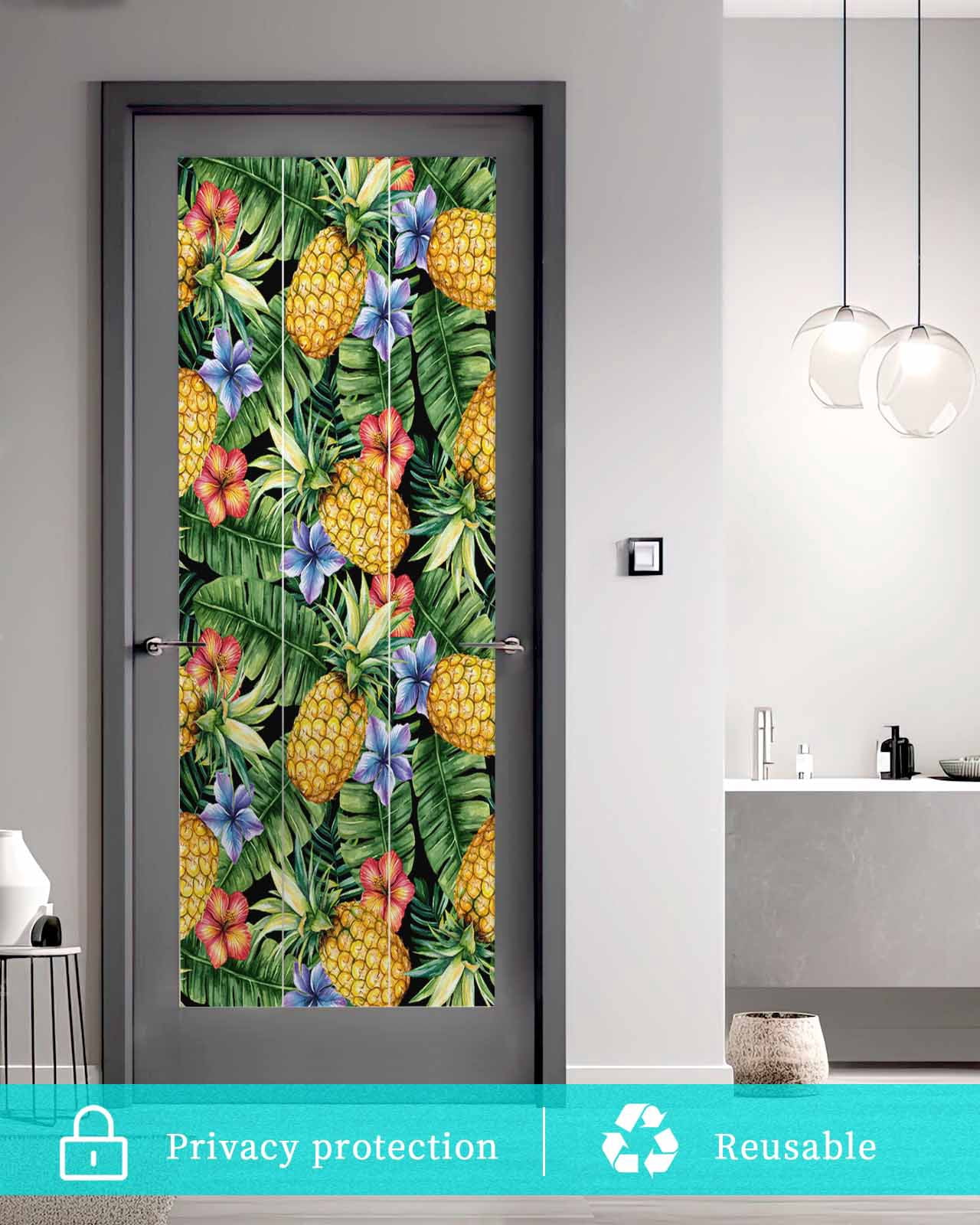 Window Privacy Film Pineapple Stained Glass Window Film Decorative Sun Block Window Cover Summer Fruit Green Tropical Palm Leaves Window Clings Static Adhesive Sticker for Bathroom 19.6"x39.3"