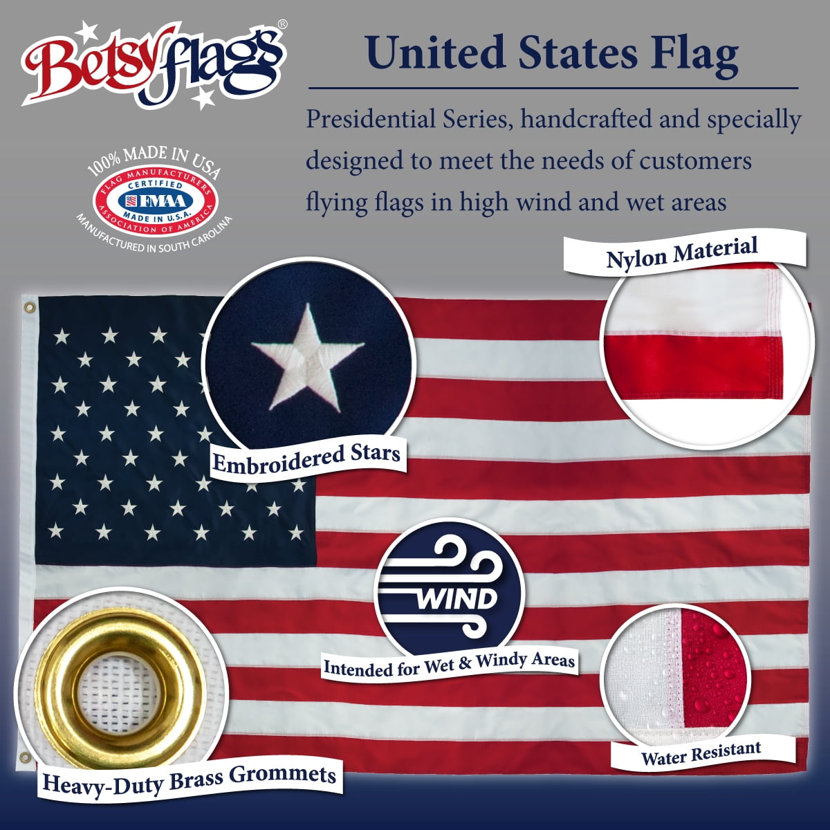 Details about   Betsy Flags 4x6 ft Nylon American Flag Brass Grommets Embroidered Stars NEW USA 