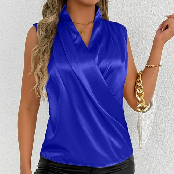 Tank Tops for Women under $5 Sleeveless V-Neck Satin Pleats Casual Solid Blouse Blue L