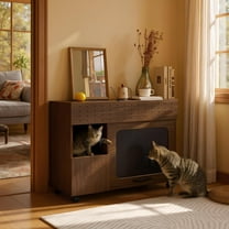 ZephyPaws Cat Litter Box Enclosure with Wheels,Hidden Litter Box Furniture with Storage Cabinet,Farmhouse Indoor Cat House Bathroom End Table,Walnut