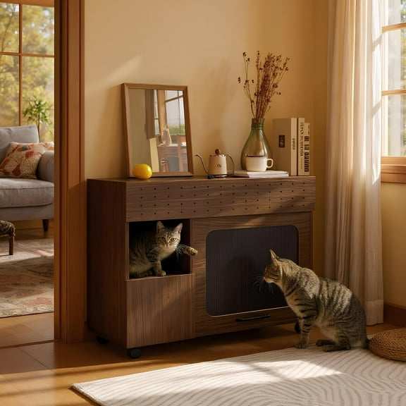 ZephyPaws Cat Litter Box Enclosure with Wheels,Hidden Litter Box Furniture with Storage Cabinet,Farmhouse Indoor Cat House Bathroom End Table,Walnut