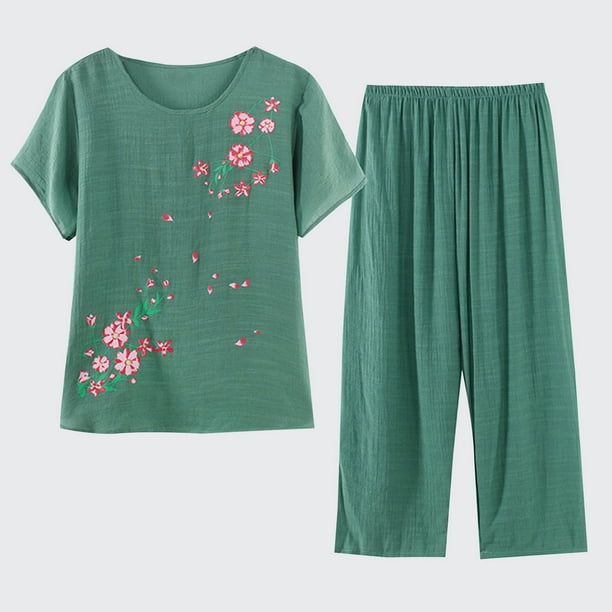 zanvin Vêtements de Nuit Mignons pour Femmes avec Pantalon Pyjama Sets Manches Courtes Coton Pjs Sets, Green, XL