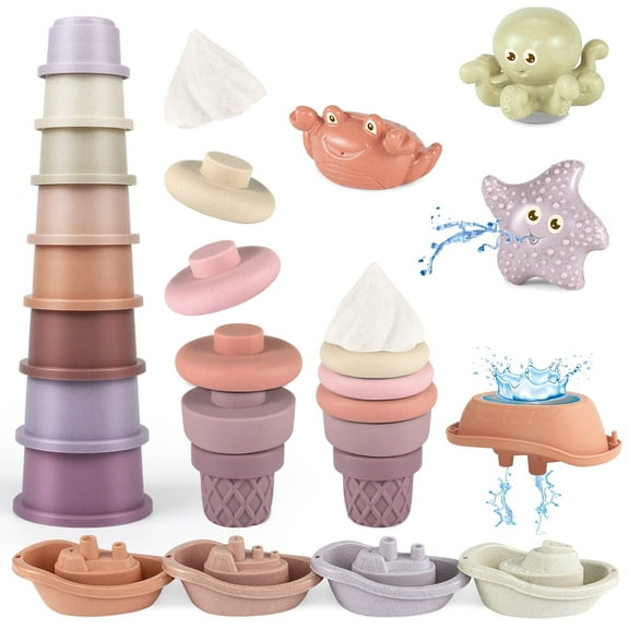 Tepear Stacking Toy for 1 Year Old Newborn Girl, 21PCS Baby Bath Toy Set, 4-in-1 Water Table Pool Beach Game for 6-12 Month Toddler, 1st Birthday Gift