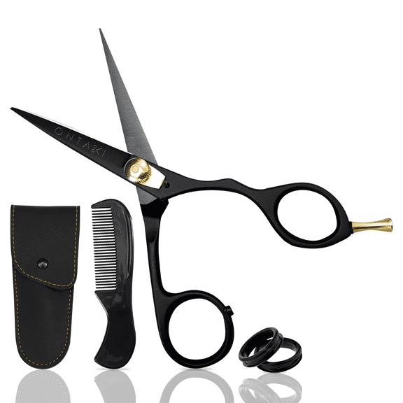 Ontaki Beard & Mustache Scissors Grooming Kit Japanese Steel 5.5 inch Black with Pouch