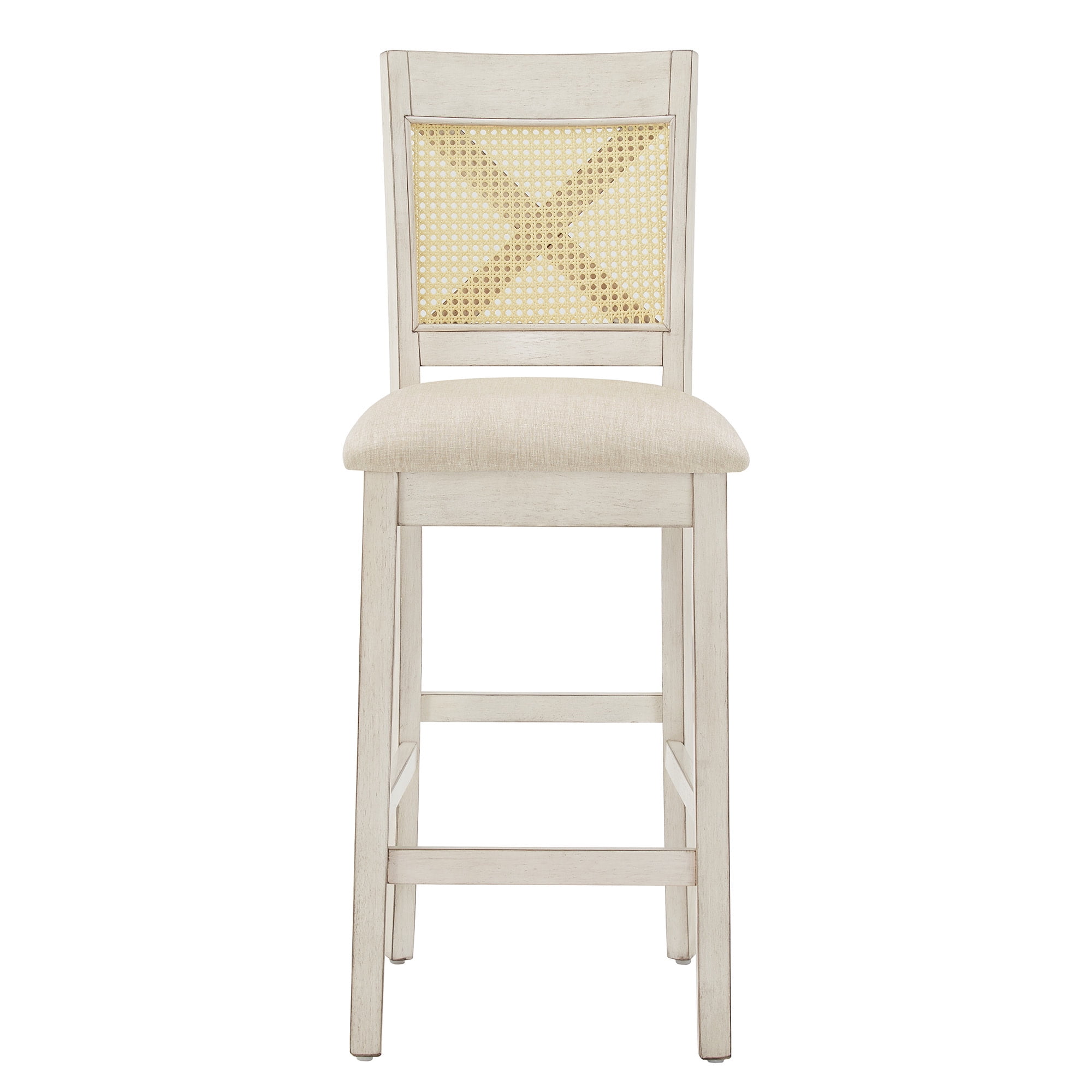 Weston Home Pulukan Cane Accent x-Back Counter Height Chair (Set of 2), Antique White Finish, Beige Linen