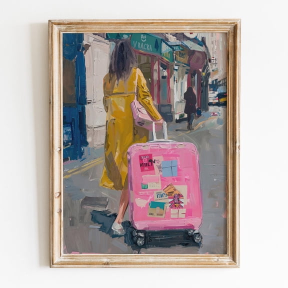 Kna Prints - Parisian Woman With Pink Luggage Girly Wall Art, Preppy Room Decor, Trendy Traveler Poster, Parisian Prints, Pink, UNFRAMED-8x12