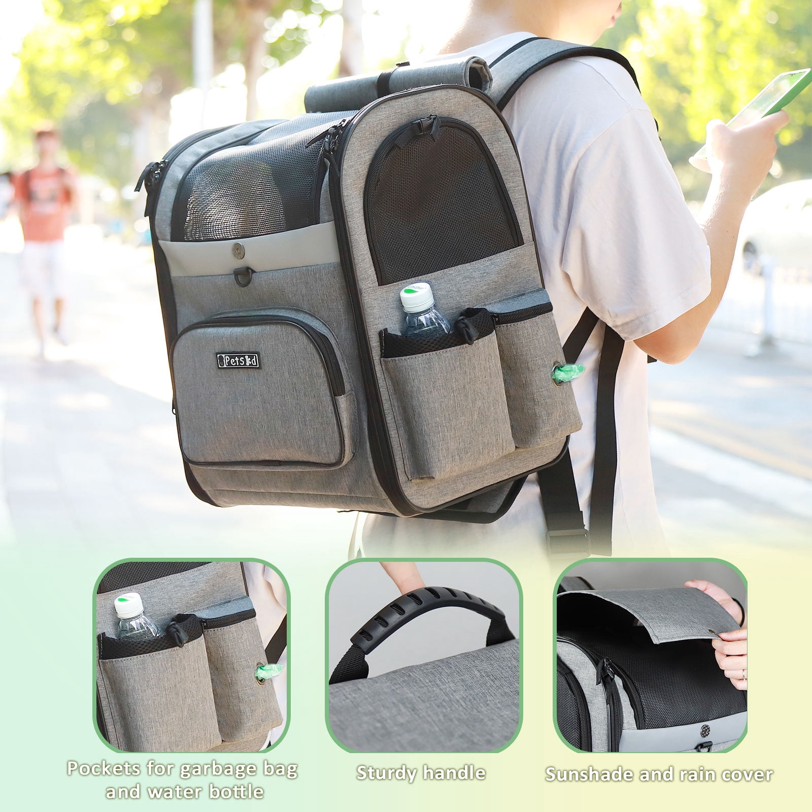 PETSKD Pet Carrier Backpack for Dogs Cats, 13x11x16.5 inches Outdoor Travel Backpack with with Safety Lock Zipperl, Large Space Foldable Backpack for Pets Under 20 lbs, Gray