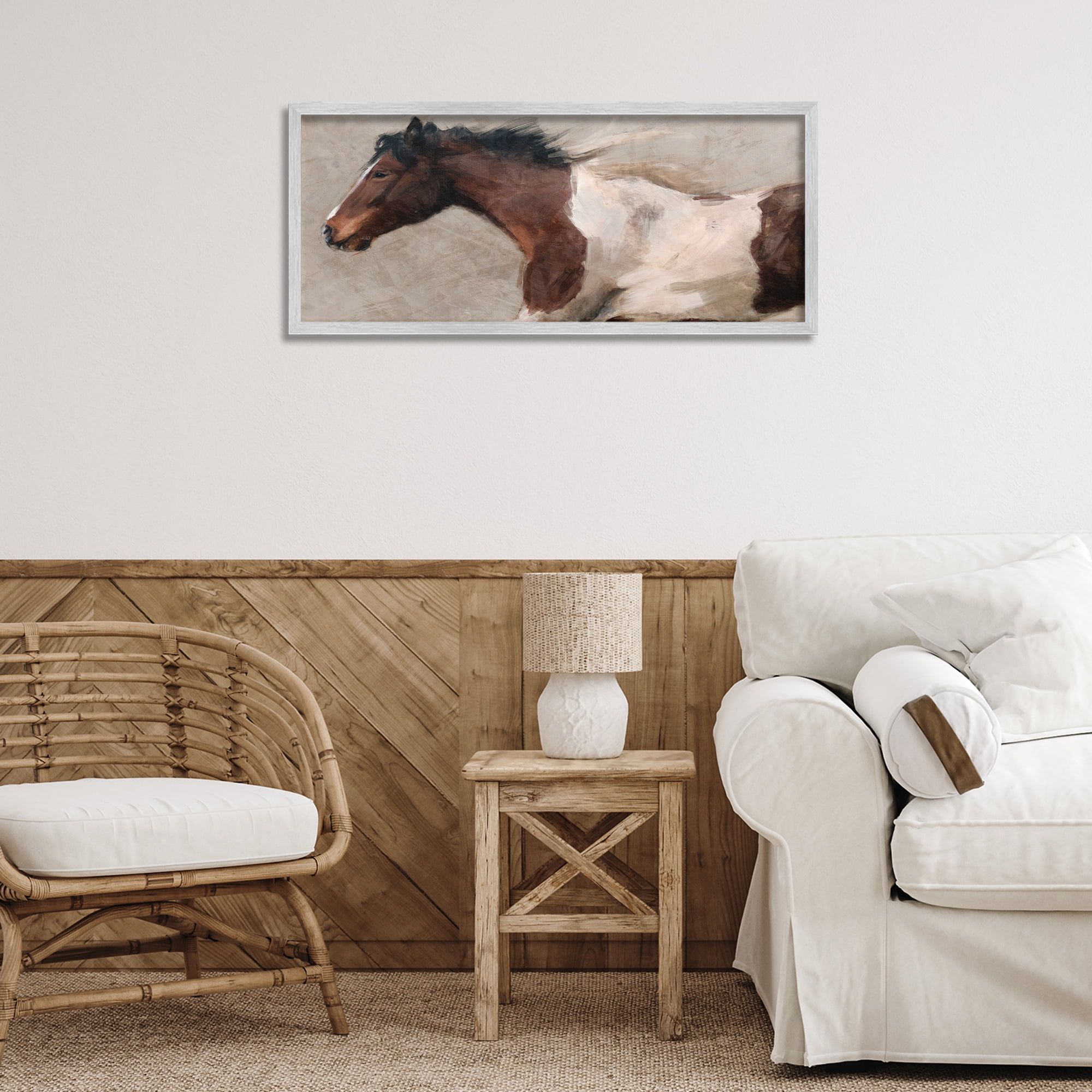 Stupell Industries Brown & White Horse Animals & Insects Painting Gray Framed Art Print Wall Art, 30 x 13