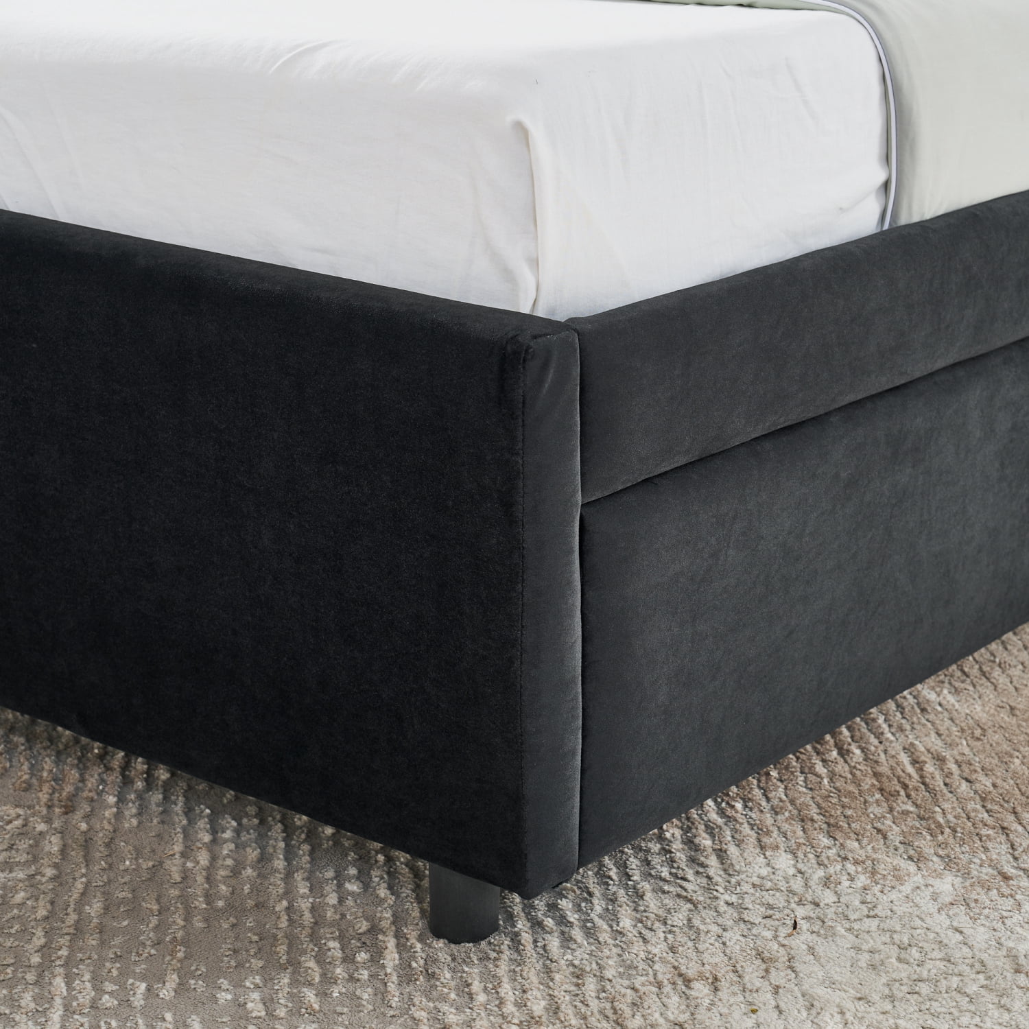 Leumius Full Size Corner Bed Frame with Storage Drawers,Modern Daybed with Velvet Upholstered Guardrail and L-Shaped Headboard for Living Room Guest Room,Black