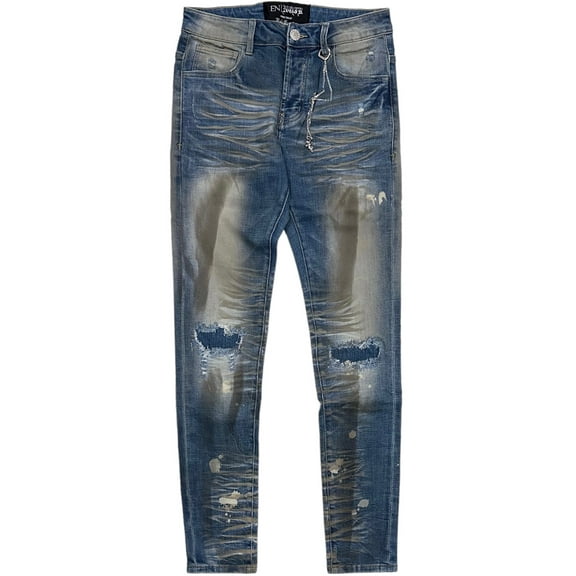 En Noir Men's Paint Splatter Rip & Repair Distressed Skinny Fit Denim Jeans (28, Dirty Indigo)