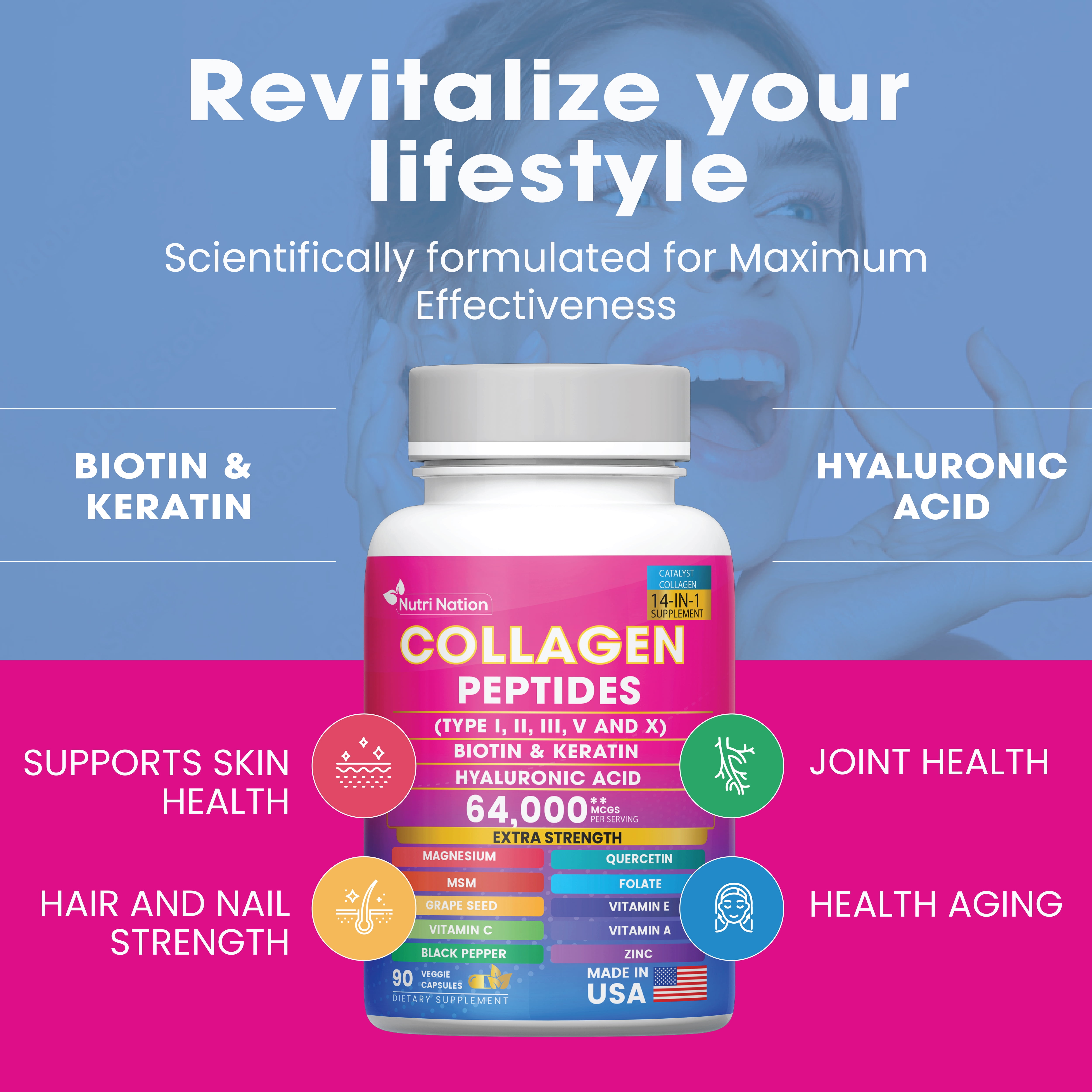 Nutri Nation Collagen Peptide Capsules for Skin, Hair, Nails, Type I, II, III, V & X, 90 Count