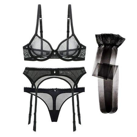 

Varsbaby Women s Mesh Bra Garter Belt and Stockings Lingerie Set