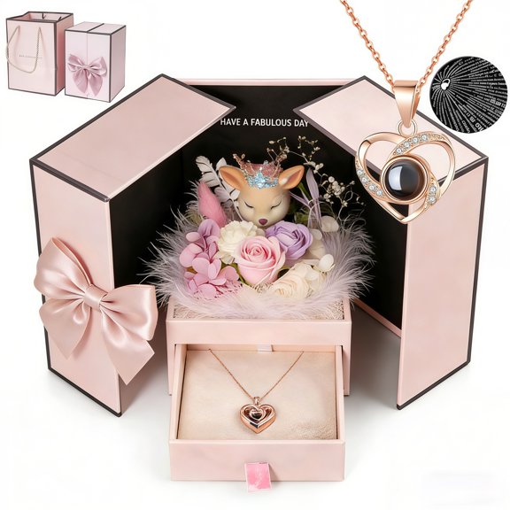 START MAKERS Feather Deer Necklace Gift Set with Triple Heart Rose Gold Necklace Romantic Jewelry Gift Box for Women