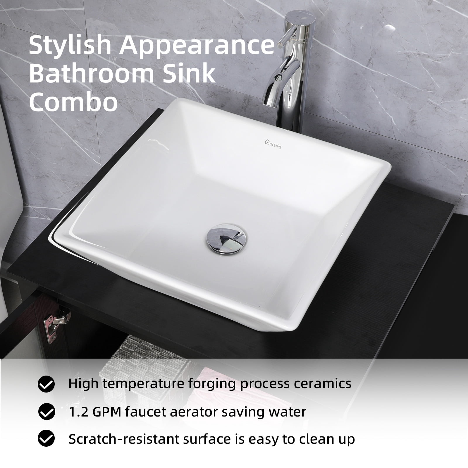 Eclife 36"W x 20"D x 32"H Black Bathroom Vanity Cabinet Sink Combo White Square Tempered Glass Vessel Sink with Side Cabinet with Faucet Drain High Definition Mirror Set