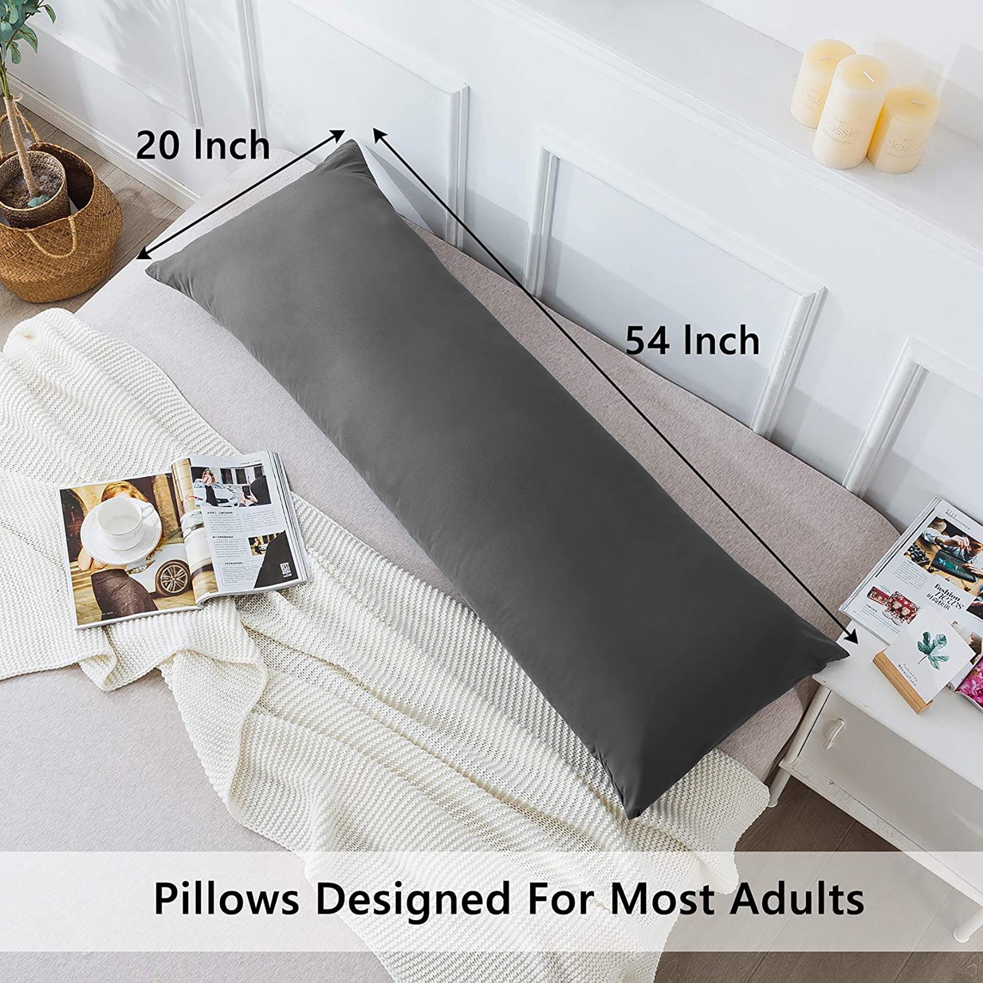 Yalamila Premium Ultra Soft Body Pillow with Removable Pillowcase for Adults, Comfortable Long Bed Pillow, 20x54in, Gray