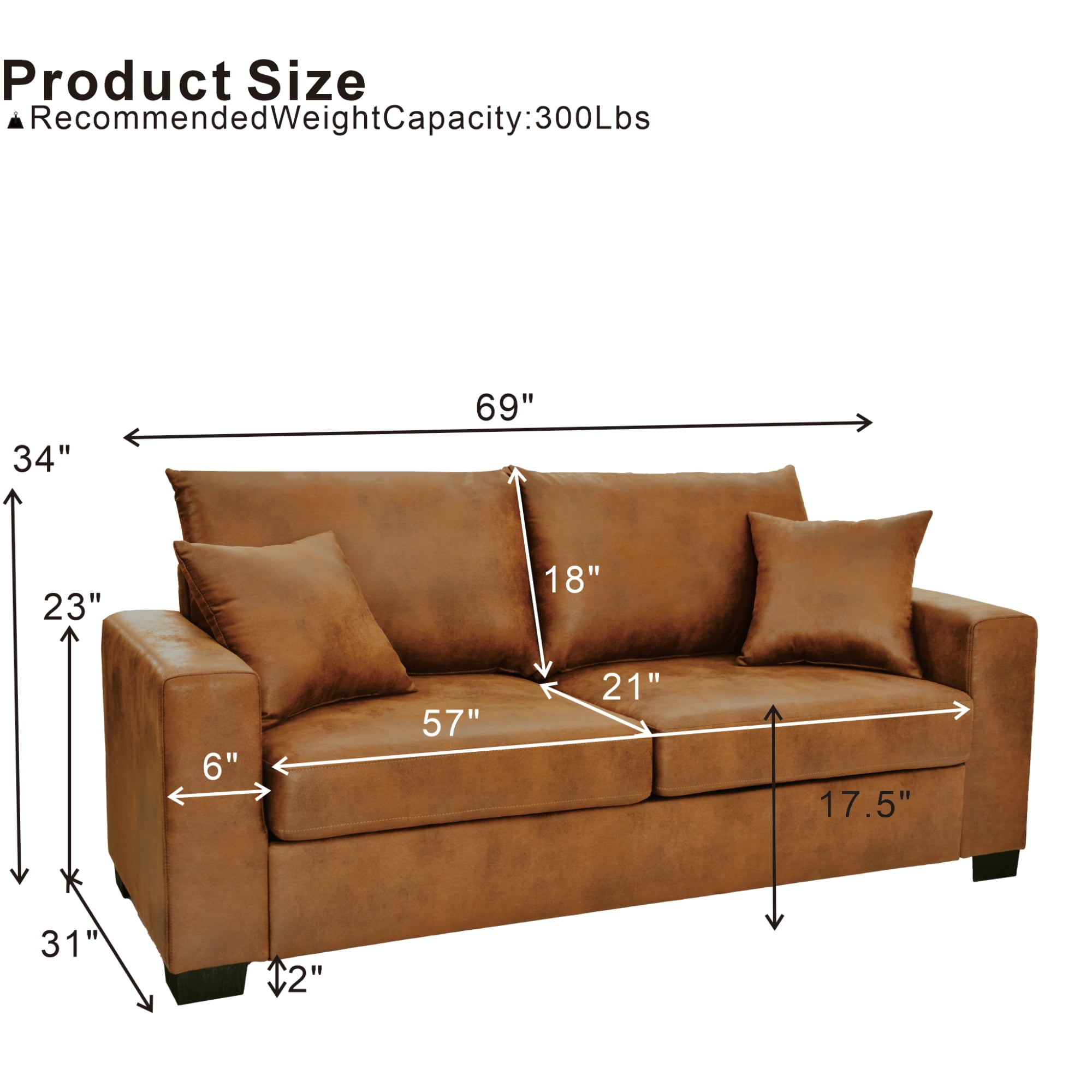 Leumius 69" Sofa for Living Room,Modern 2 Seater Couch for Small Space,Upholstered Loveseat with 2 Throw Pillows,Light Brown