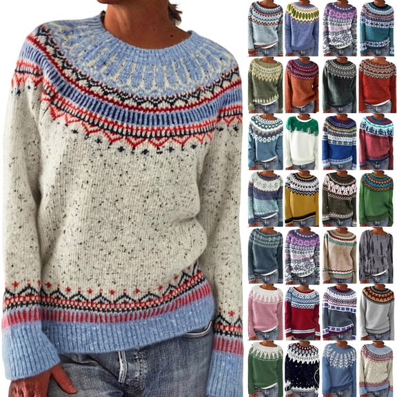 Feancey Women's Vintage Fair Isle Pullover Sweater Knitted Long Sleeve Crewneck Sweaters Cozy Casual Plus Size Sweater Tops Blue S