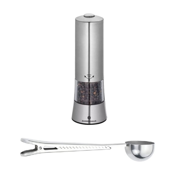 Zassenhaus "Gera" Electric Pepper Mill Gift Set, Silver - With Stainless Steel Spice Scoop & Clip