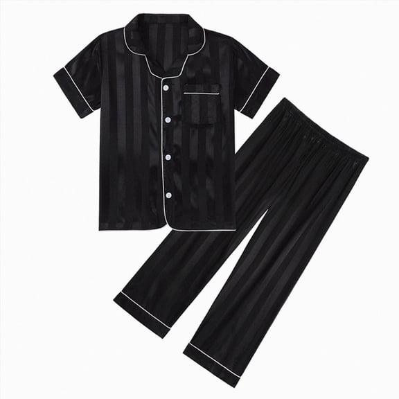 WUANDIXFA Kids Unisex Pjs Set 4-14T Girls Boys Silk Pajama Sets Satin Sleepwear Summer 2 Pieces Button Down Nighty,Black,13-14 Years