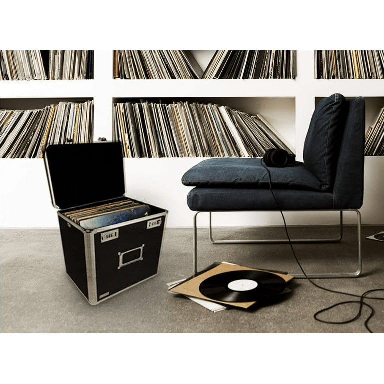 Vaultz Vinyl Record Storage Box - Locking 50 Album Holder & Organizer -  Great Alternative to Flimsy LP Crate - 14.4 x 13.4 x 9.6 Inches - Black