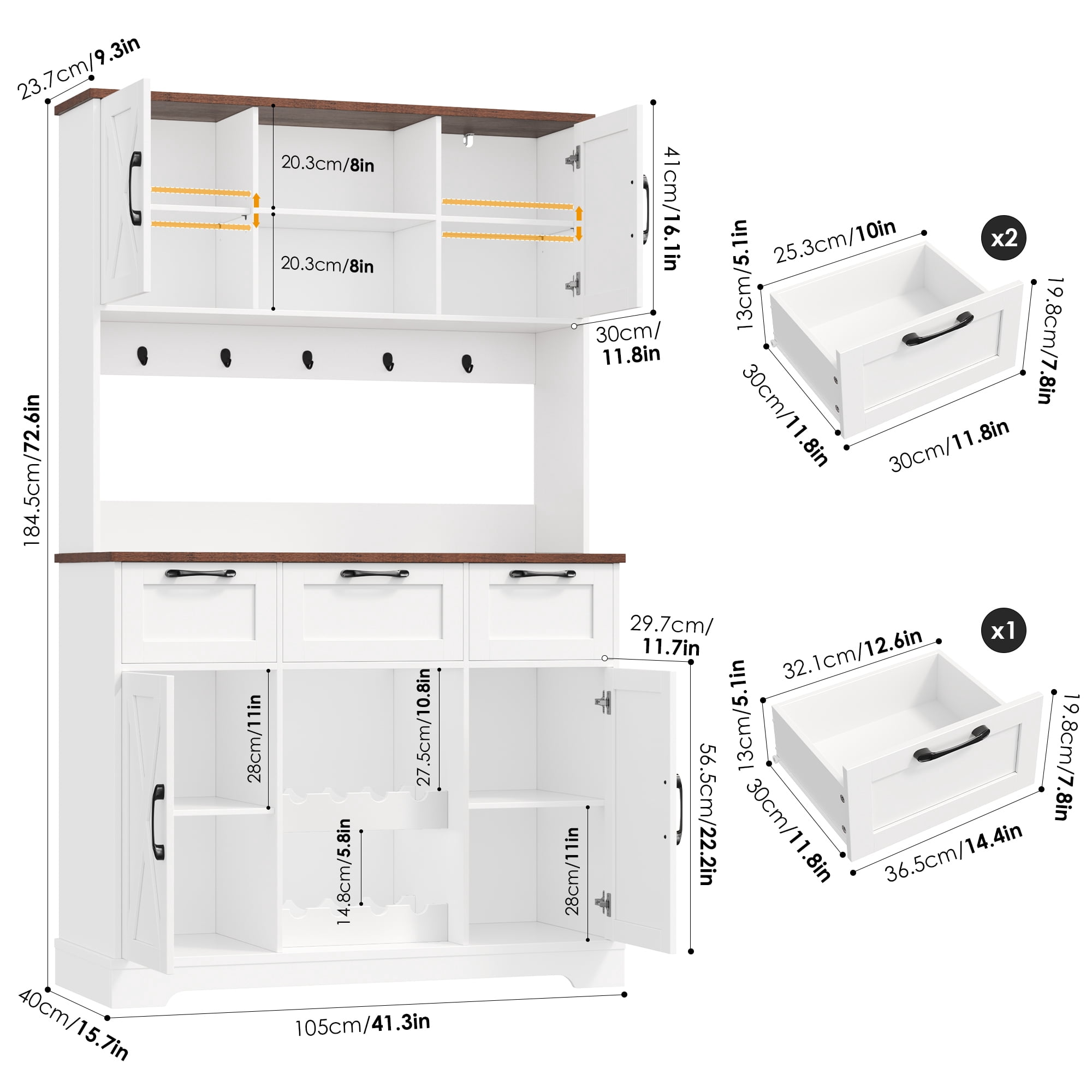 Homfa 71'' Tall Wine Bar Cabinet with Storage Hutch & 3 Drawers, Farmhouse Coffee Bar Cabinet Wine Rack with Adjustable Shelves for Kitchen Dining Room, White