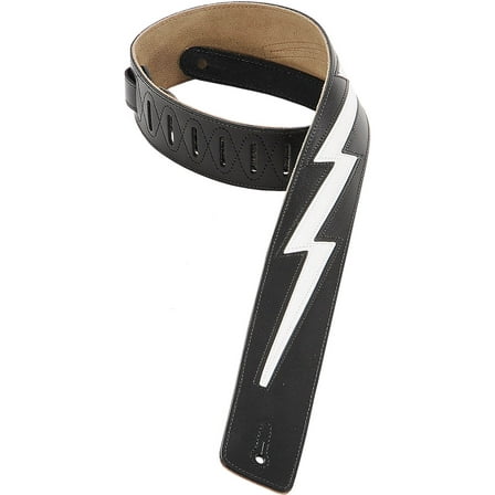 Levy's DM2-BLK 2.5" Leather Guitar/Bass Strap w/ White Lightning Bolt - Black