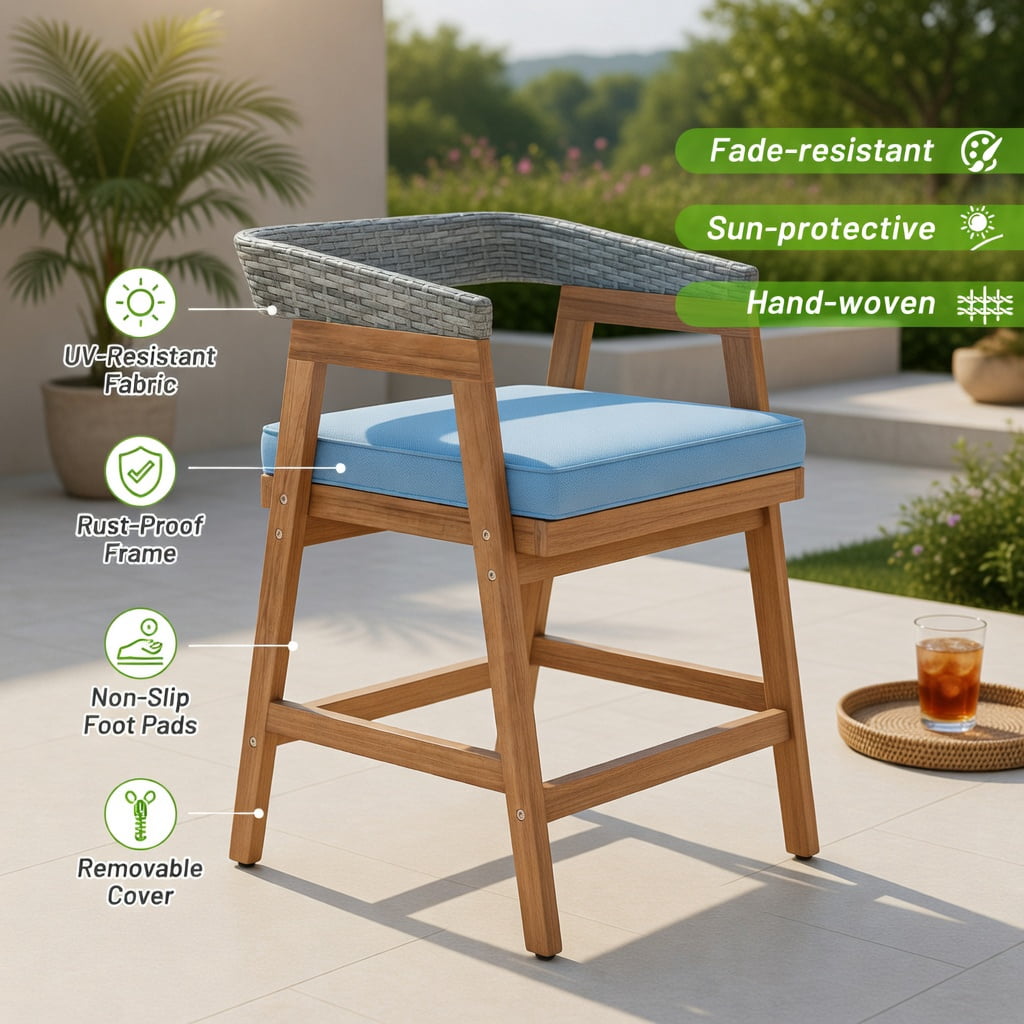 Hommoo 4-Piece Outdoor Dining Chair Set, Acacia Wood Frame with PE Rattan Weave & Cushions for Patio, Backyard, Poolside, Ergonomic Design, Gray