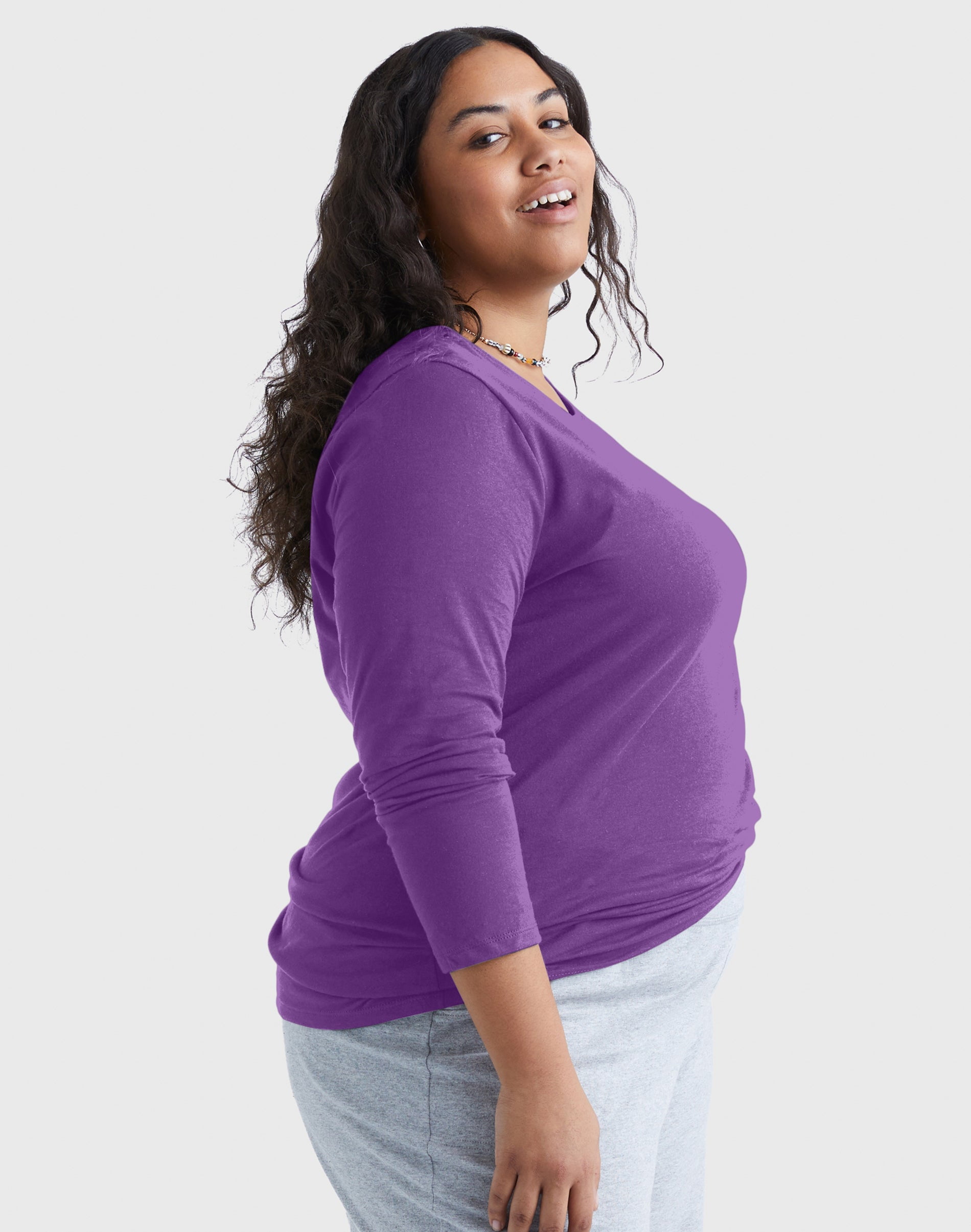 Hanes Women's Long Sleeve Scoop-Neck Cotton T-Shirt (Plus Size) Violet Splendor 2X