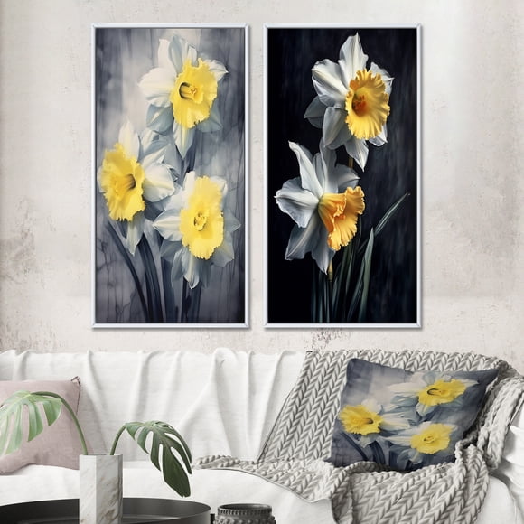 Designart "Impression de la Nature de Jonquilles en Tons Jaunes et Gris" Ensemble d'Art Mural Encadré Floral de 2 - Ensemble de Cadres Floraux Jaunes pour Décoration de Bureau