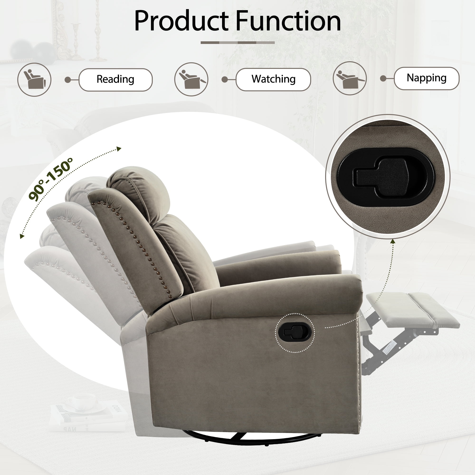 Euroco 360° Swivel Recliner Manual Rocking Recliner Home Theater Manual Recliner Chair Nursery Rocker with Adjustable Backrest for Living Room, Light Brown